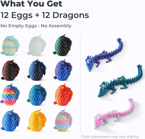 MiniMythos Toys 12 Pack 3D Set, Printed Dragon Eggs with Dragons Inside, Mini Articulated Crystal Dragon Figures