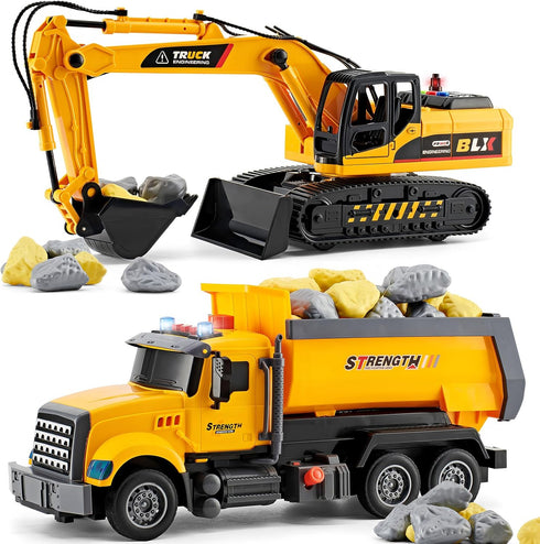 LerBao 2 Pack Large Construction Engineering Truck Toys,Moveable Claw Excavator & Lifting Back