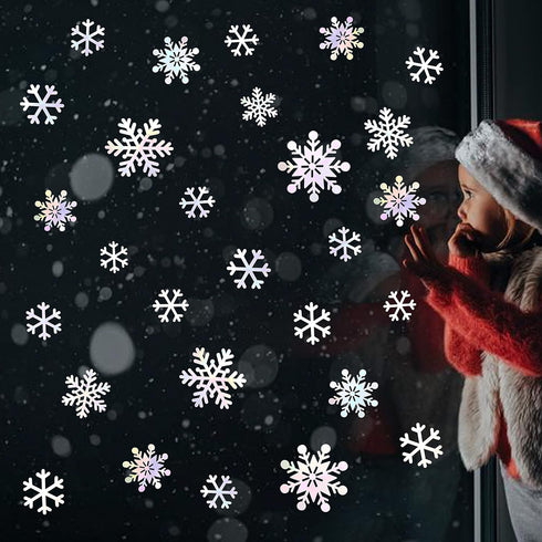 pinkblume 72pcs Iridescent White 3D Snowflake Wall Stickers, Holographic Snowflakes Wall Decals for Winter Wonderland