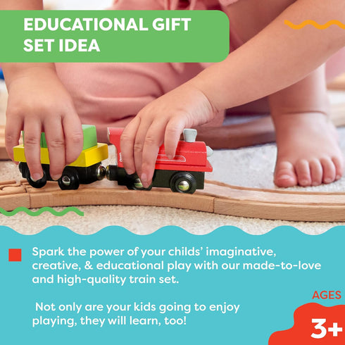 Set 75-Pieces Wooden Train with Play Mat for Kids - Including Deluxe Wood Tracks, Trains, Cars, Boats, and Accessories