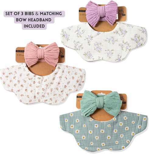 Set Baby Cotton Muslin Bibs and Bow Headbands