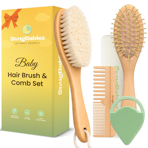 Baby Hair Brush & Comb Set for Newborns - Gentle Goat-Hair &