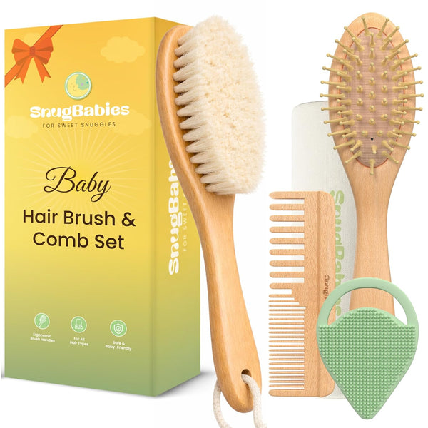 Baby Hair Brush & Comb Set for Newborns - Gentle Goat-Hair &