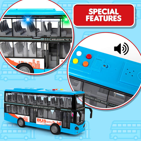 ArtCreativity Die Cast Double Decker Bus Toy with Lights & Sounds, Friction Powered for Kids