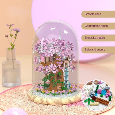 Cherry Blossom Bonsai Tree House Building Set - 1382 Pcs Micro-Particle Ideas with String Lights and Wooden Base