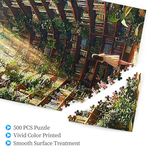 Quelindra 500 500 Library Jigsaw Puzzle PiecesLibrary Bookshelf Jigsaw Puzzles,Plant Bookshelf Puzzles, Library Retro