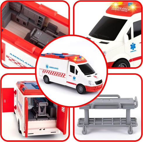 Kids Ambulance Toy Truck 1/16 Scale with Lights & Siren, Friction-Powered Rescue Toy with Removable Stretcher and Open