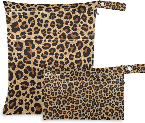 Gravopti Brown Leopard Print Wet Dry Bags Set of 2, Reusable Waterproof Organizer