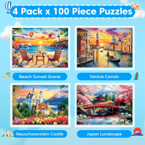 Ciavotie 100 4-6 6-8 4 Packs Piece Puzzle World Famous Landscapes Jigsaw Puzzles Large Piece Puzzles for Adult Seniors