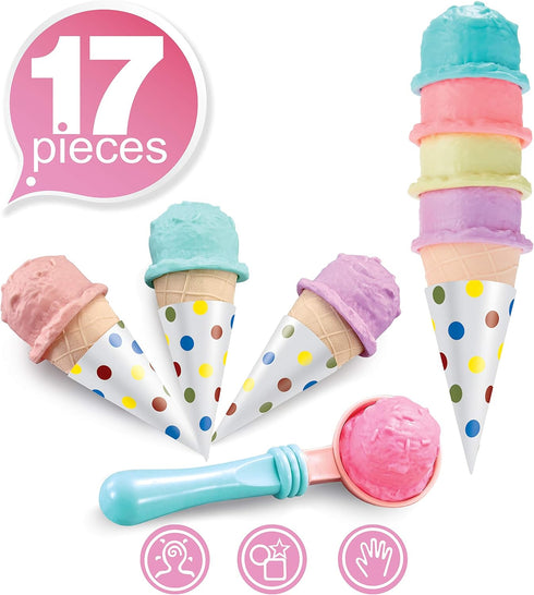 Ice Cream Shop Playset, Pretend Play Ice Cream and Cones, Dessert Play Set for Kids, Play Kitchen Accessories