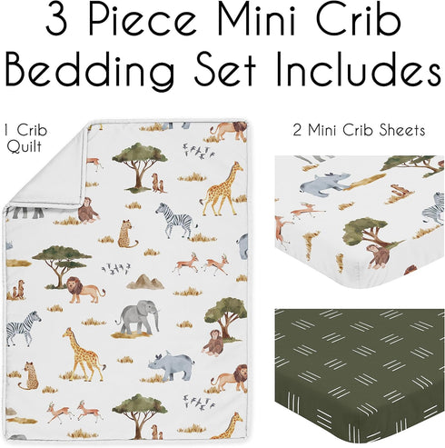 Set Pack 3p Sweet Jojo Designs Jungle Animals Boy Girl Unisex Baby Mini Crib Bedding Infant Nursery Room Newborn