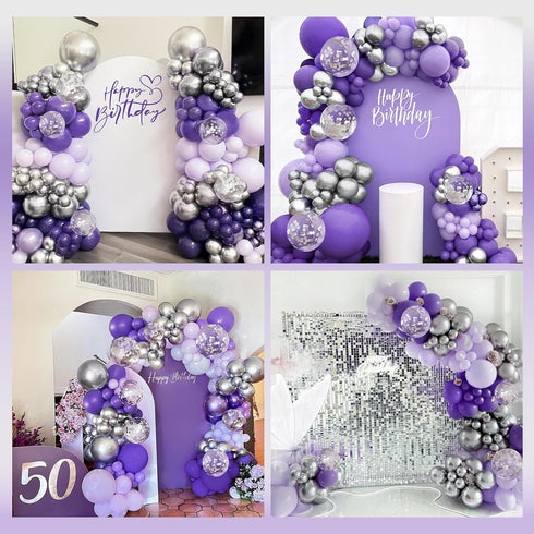 147pcs Purple Balloon Garland Arch Kit, Different Sizes with Dark Purple Light Purple Metallic Silver Confetti Lavender