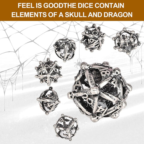 UBEUCK 7PCS Skull and Dragon Metal DND Dice Set for Dungeons & Dragons, Multi-Faceted RPG (Antique Nickel)