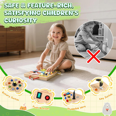3+ MoKo Montessori Busy Board Toys for Years Old Wooden Sensory Toys Board with LED Light Up Switch, Locks, Zippers