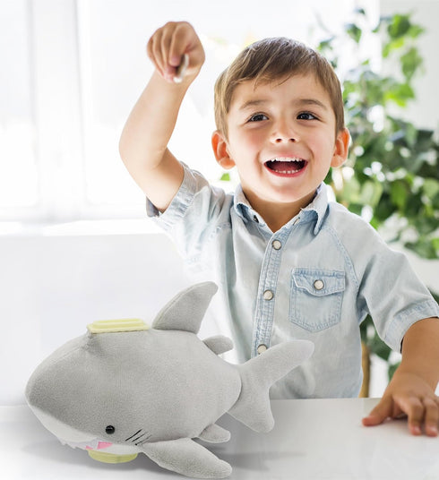 DolliBu Gray Shark Plush Coin Bank, Soft Stuffed Piggy Bank, 9 Inches