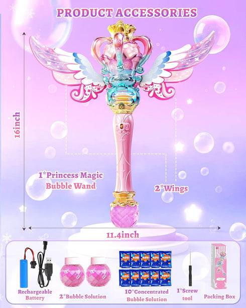 12 3-8 Uregoio Princess Bubble Wand for Girls - Rechargeable Spinning Light Up Magic Fairy Scepter Bubble Machine Toy
