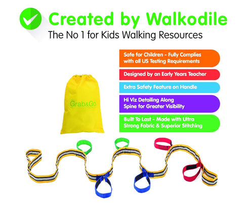 Grab & Go Children's Walking Rope for 6 Kids, Teacher Designed with Extra Safety Features & Learning Games Guide
