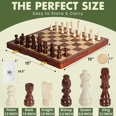 ECOCRAFTER 15'' 2 1 set (2 set Sets in Wooden Magnetic chess and checkers Extra Queens, Foldable Chess & Cotton Storage