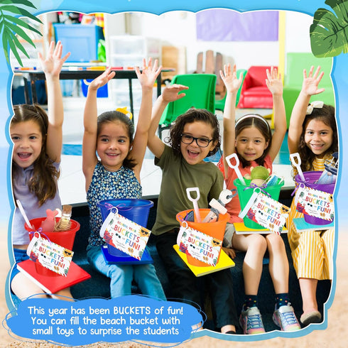 24 End of Year Student Gifts Beach Sand Toy Set with Plastic Buckets, Shovels, Gift Cards, Ribbon, and Beach Pails for