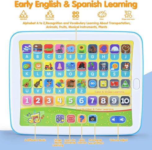 Bilingual Spanish & English Learning Toys for Toddlers 1-3, Interactive Learning Tablet for Babies 24 Month+