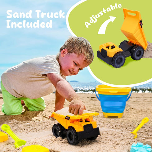 1-3 2 4-8, AuntyFey Beach Sand Toys for Toddler with Trucks, Collapsible Beach Toys for Kids Ages Sandbox Toys