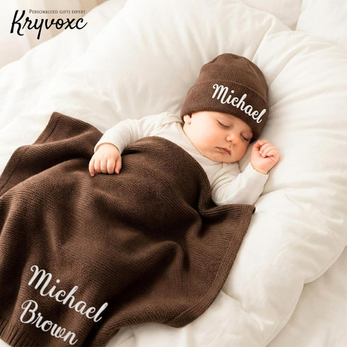 Kryvoxc Set, Personalized Baby Blanket with Name, Cotton Receiving Swaddle Blanket and Beanie Customized Baby Blankets