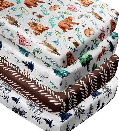 Jola's House 4 Pack Woodland Forest Animals Wood Neutral Unisex Fitted Baby Crib Sheets
