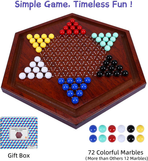 14 inches Set, 60+12 6 6 Offelec Wooden Chinese Checkers Colorful Acrylic Marbles in Colors, Classic Strategy Games