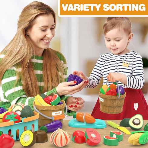 Sorting Play Food Sets - 2 Buckets with Handle, 1 Storage Basket, Fruit & Vegetable Cutting Toy for Preschool Learning