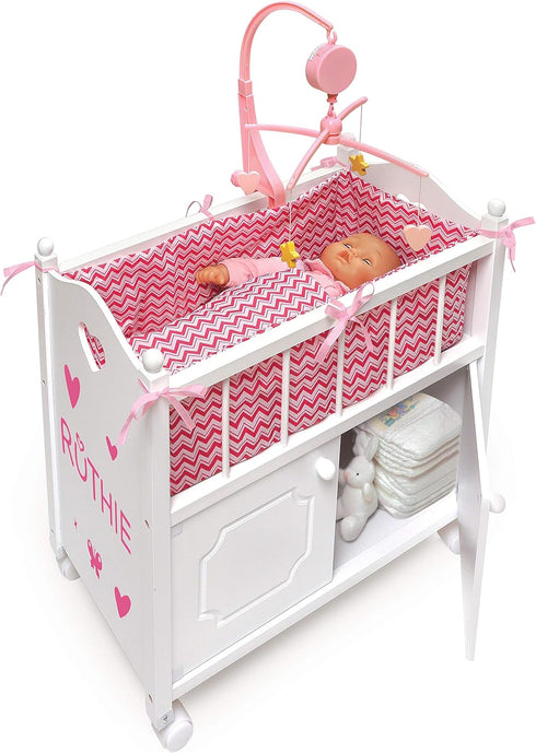 Toy Doll Bed with Storage Cabinet by Badger Basket, Chevron Bedding for 22 inch Dolls