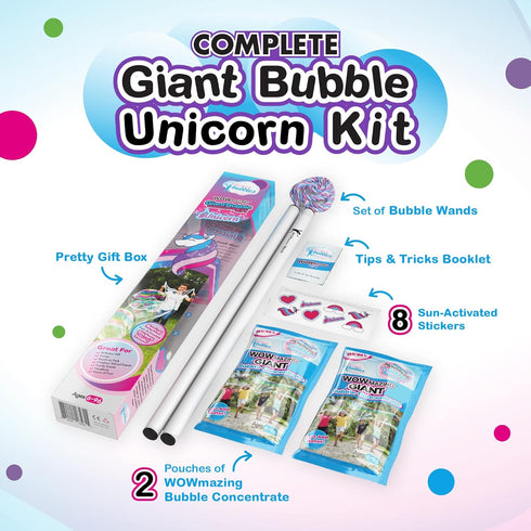 WOWMAZING Giant Bubble Kit: Unicorn - Includes Wand, 2 Big Bubble Concentrate Pouches, Outdoor Toy