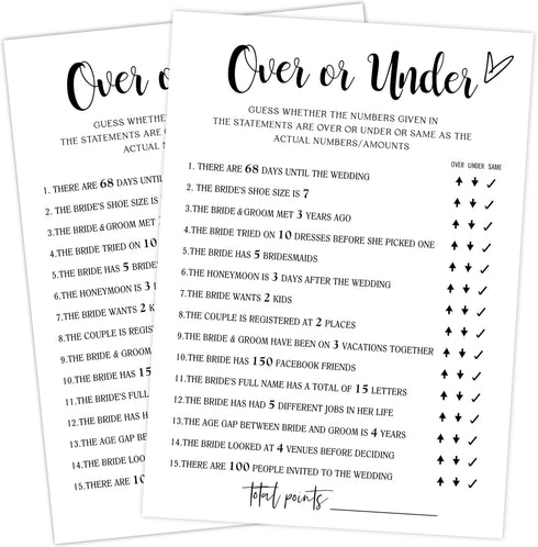 White Theme Bridal Shower Games for 25 Guests - Over or Under Bridal Games, Wedding Advice Cards for Reception