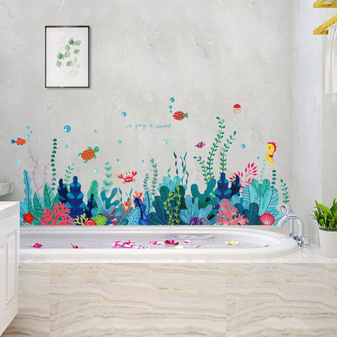 Removable 3D Under The Sea View Grass Wall Decal, DIY Ocean Coral Seaweed Stickers for Kids Bedroom