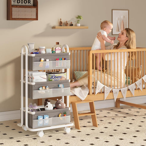Wennop 3-Tier 3 6 Baby Diaper Caddy Organizer Cart, Mobile Nursery Storage Carts with Wheels, Dividers & Mesh Pockets