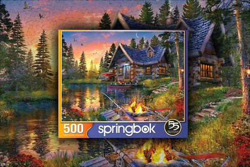 Springbok Sun Kissed Cabin 500 Piece Jigsaw Puzzle for Adults, Colorful Illustration of Fishing Cabin by The Lake