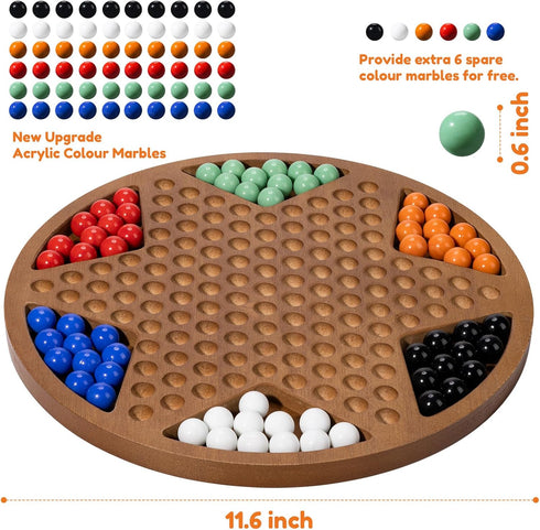 12-Inch Set 60 6 12 Wooden Chinese Checkers - Classic Round Design with Acrylic Marbles in Vibrant Colors - Includes