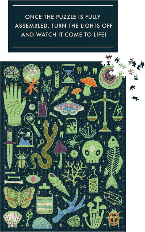 Galison Occult and Curious – 1000 Piece Glow in The Dark Jigsaw Puzzle of Creepy and Spooky Objects