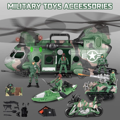 Set Playset, deAO Military Helicopter Toys Army Men Army Toys with Army Tank, Soldier Action Figures, Motorcycle