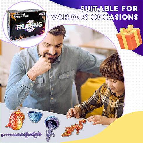 12PCS 3D 3D Printed Dragon Eggs, Easter Basket Stuffers for Kids, Prefilled Easter Eggs with Dragon Fidget Toys