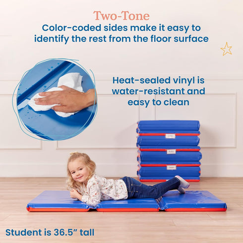 ECR4Kids 3-Section, 2in, Premium Folding Rest Mat, Sleeping Pad, Blue/Red