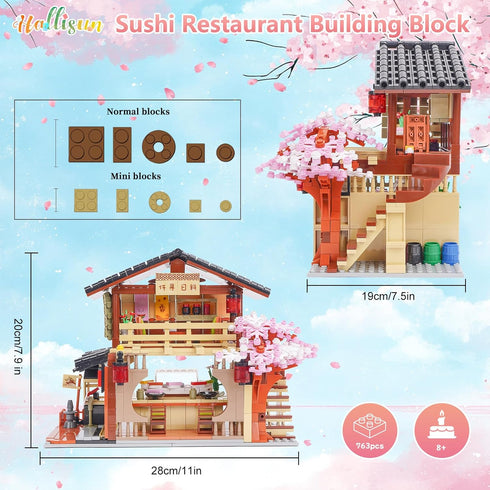 8+ 763 Toy Building Block, Japanese Sushi Shop Model Kit, Compatible with Regular Size Brick, Creative Construction