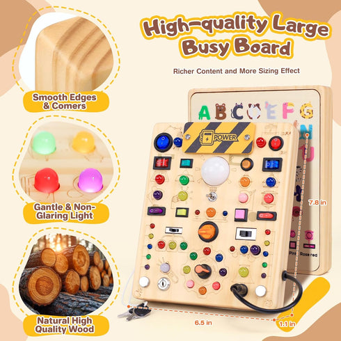 1 2 3 1+ (19 Busy Board with LED Light Switches, Montessori Toys for Years Old, Toddlers Wooden Toy Sensory Activity
