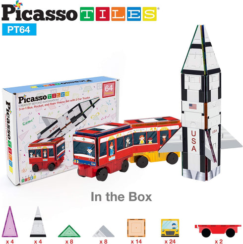 64pc Set 3-in-1 3+ PT64 PicassoTiles Magnetic Tiles Building Blocks STEM Toy for Kids Rocket Train School Bus Theme