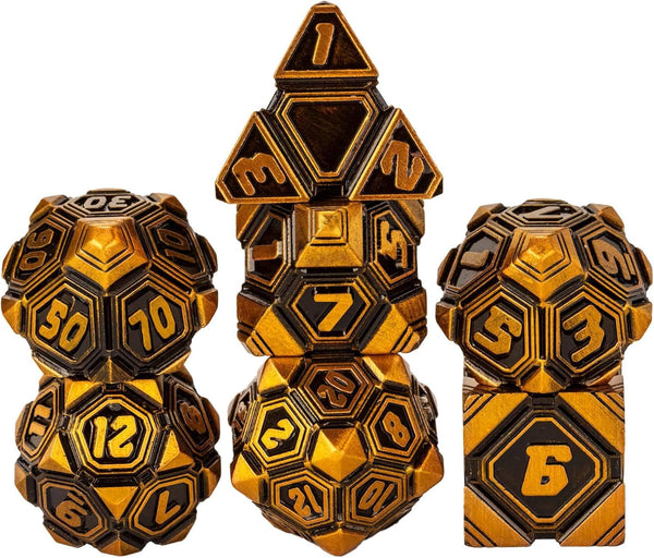 Metal UFO Dice Set: 7 Die Metal Polyhedral Dice for DND Role Playing Games with Skull Bag (Ancient Gold)