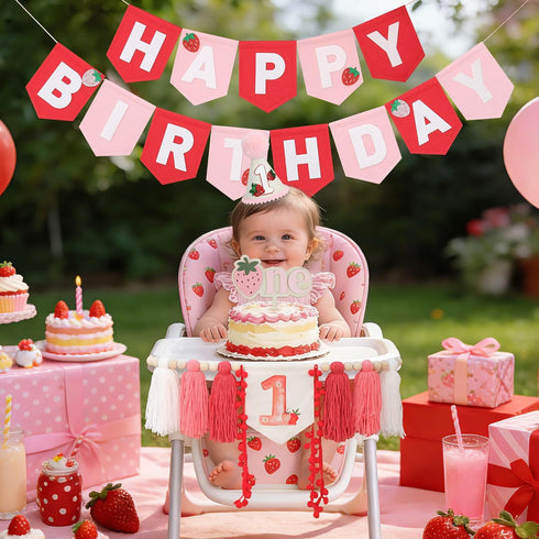1st DCJHFJ Strawberry High Chair Banner Felt Strawberry Happy Birthday Banner Berry First Birthday Decorations