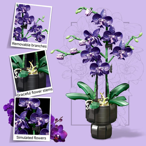 NERCISU Sets 8-12+ (666 Orchid Flowers Building with Vase, Purple Orchid Botanicals Collection Building Toys for Home