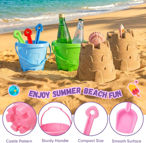6 Set 6 Summer (7.5 5.9 Inch) Didaey Beach Sand Buckets and Shovels, Include Sand Pail Bucket Colors with Castle Design