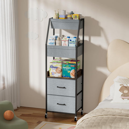 Lurgno 5 Baby Diaper Caddy Organizer and Storage - Tier Rolling Cart with Dividers and Drawers, Mobile Utility Cart