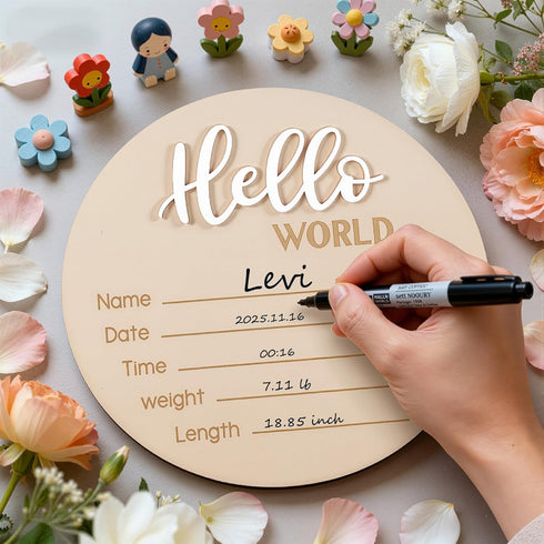 Xyndrella 5.9 Inch 3D Baby Announcement Sign with Pen, Wooden Hello World Newborn Sign for Hospital, Birth Announcement