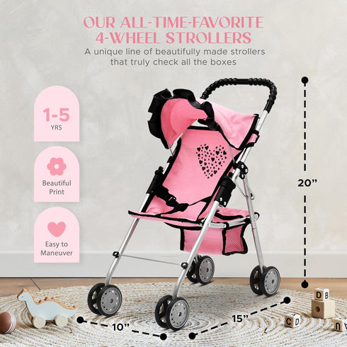 Baby Doll Stroller for Girls, Toddler Play Toy Buggy Carriage Foldable with Canopy Storage Basket Travel Diaper Bag